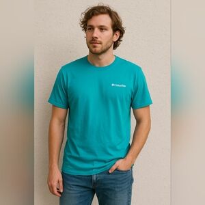 Columbia Men’s Graphic T-Shirt Size M Teal Bear Mountain Print Outdoor Hiking...
